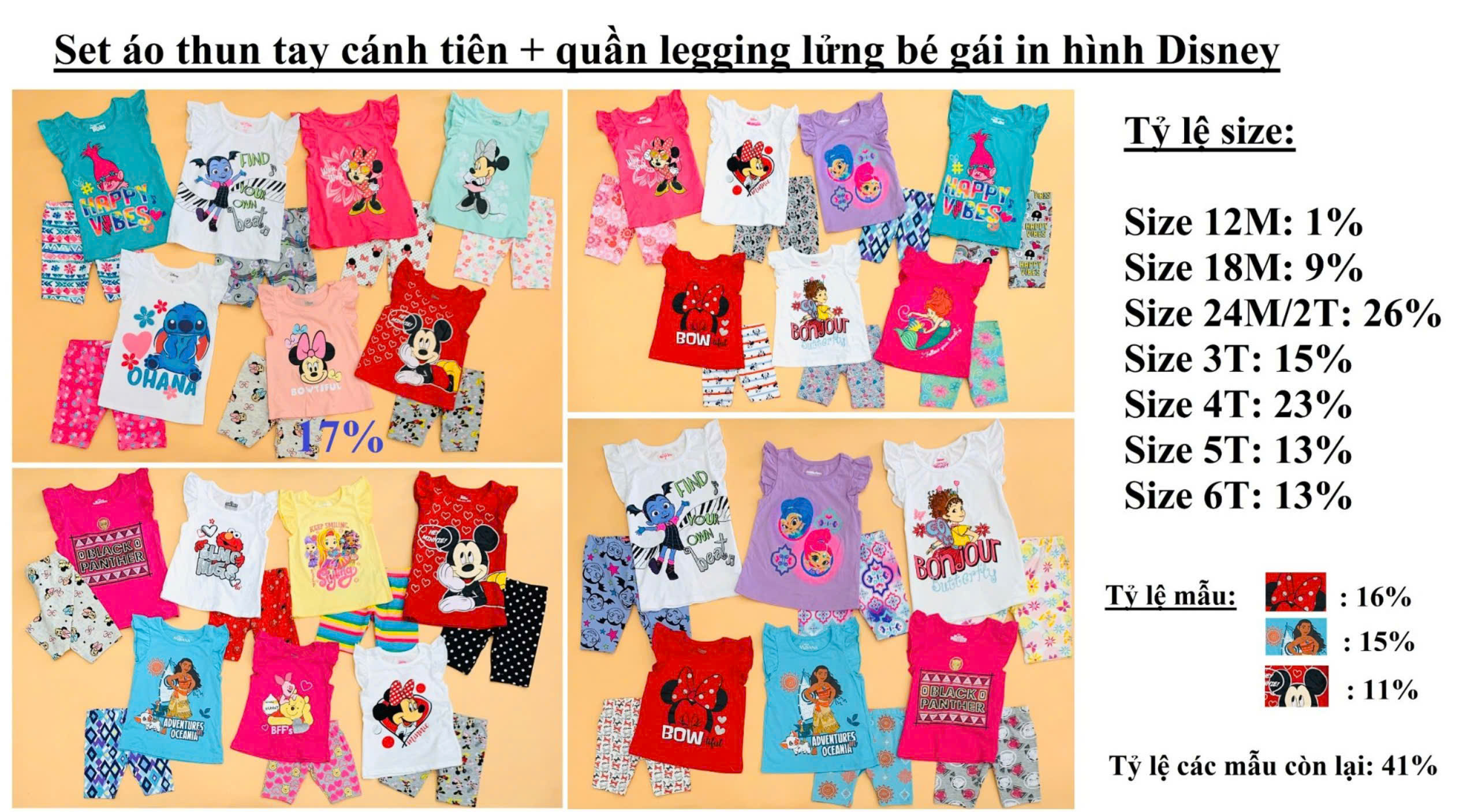 Set áo thun tay cánh tiên  + quần legging lửng bé gái in hình Disney, size 12M - 6T. TQXK dư xịn9