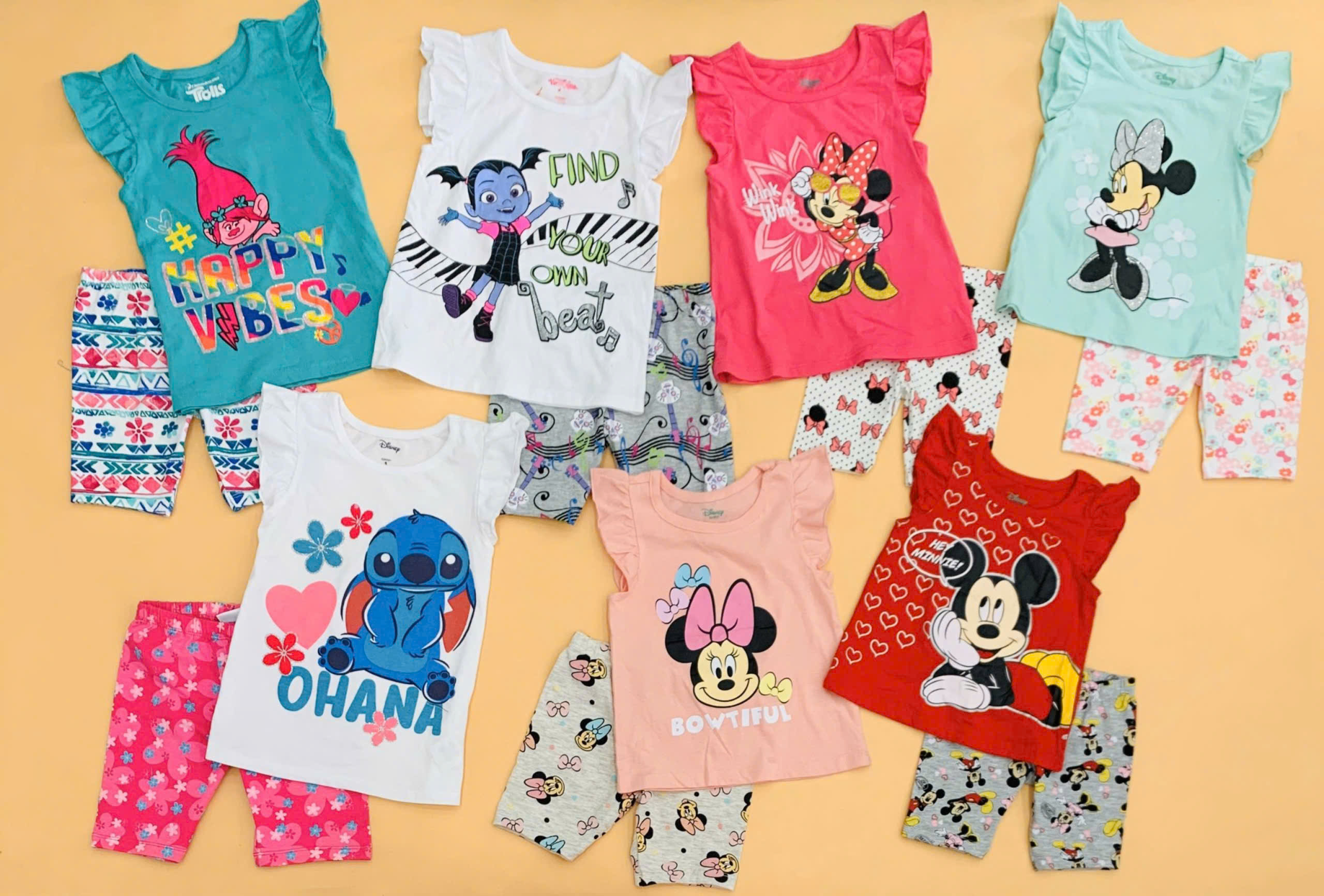 Set áo thun tay cánh tiên  + quần legging lửng bé gái in hình Disney, size 12M - 6T. TQXK dư xịn11