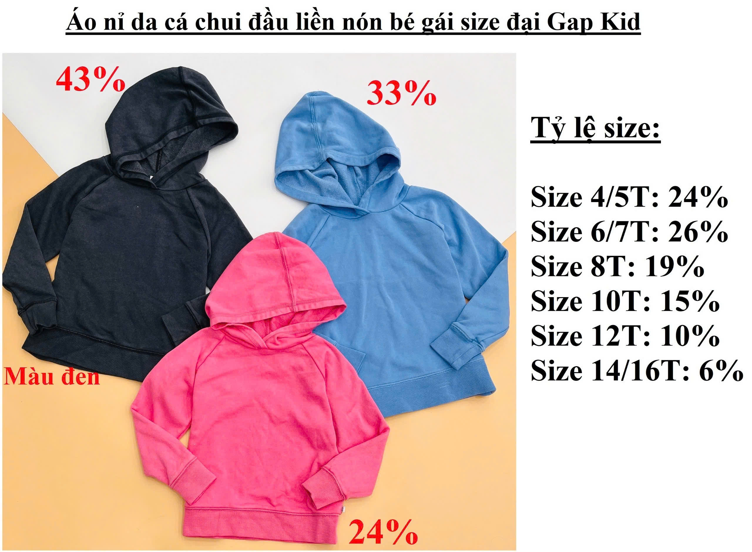 Áo nỉ da cá chui đầu liền nón bé gái size đại Gap Kid, size 4/5T - 14/16T. Việt Nam xuất xịn10