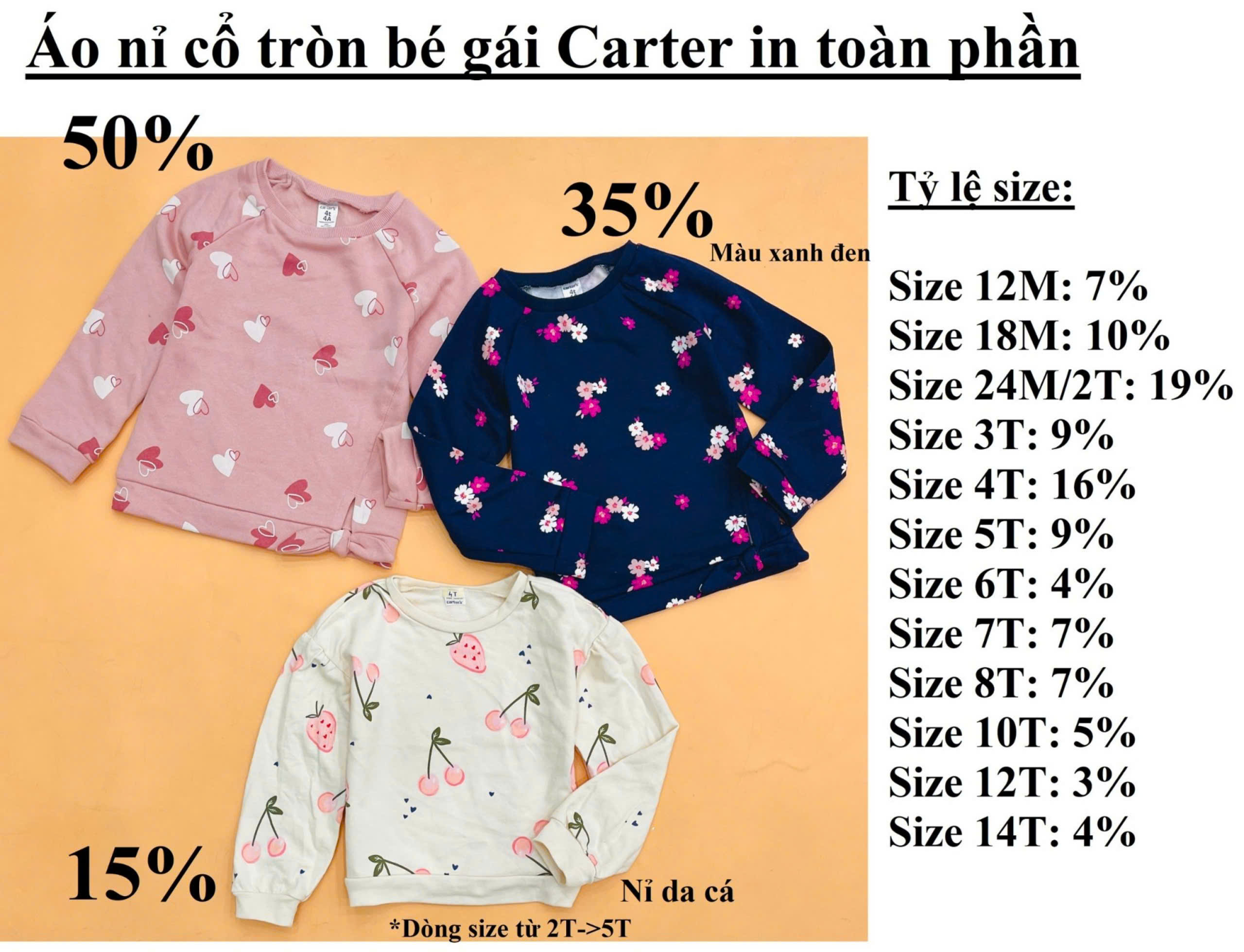 Áo nỉ cổ tròn bé gái Carter in toàn phần, size 12M - 14T. Việt Nam xuất xịn11