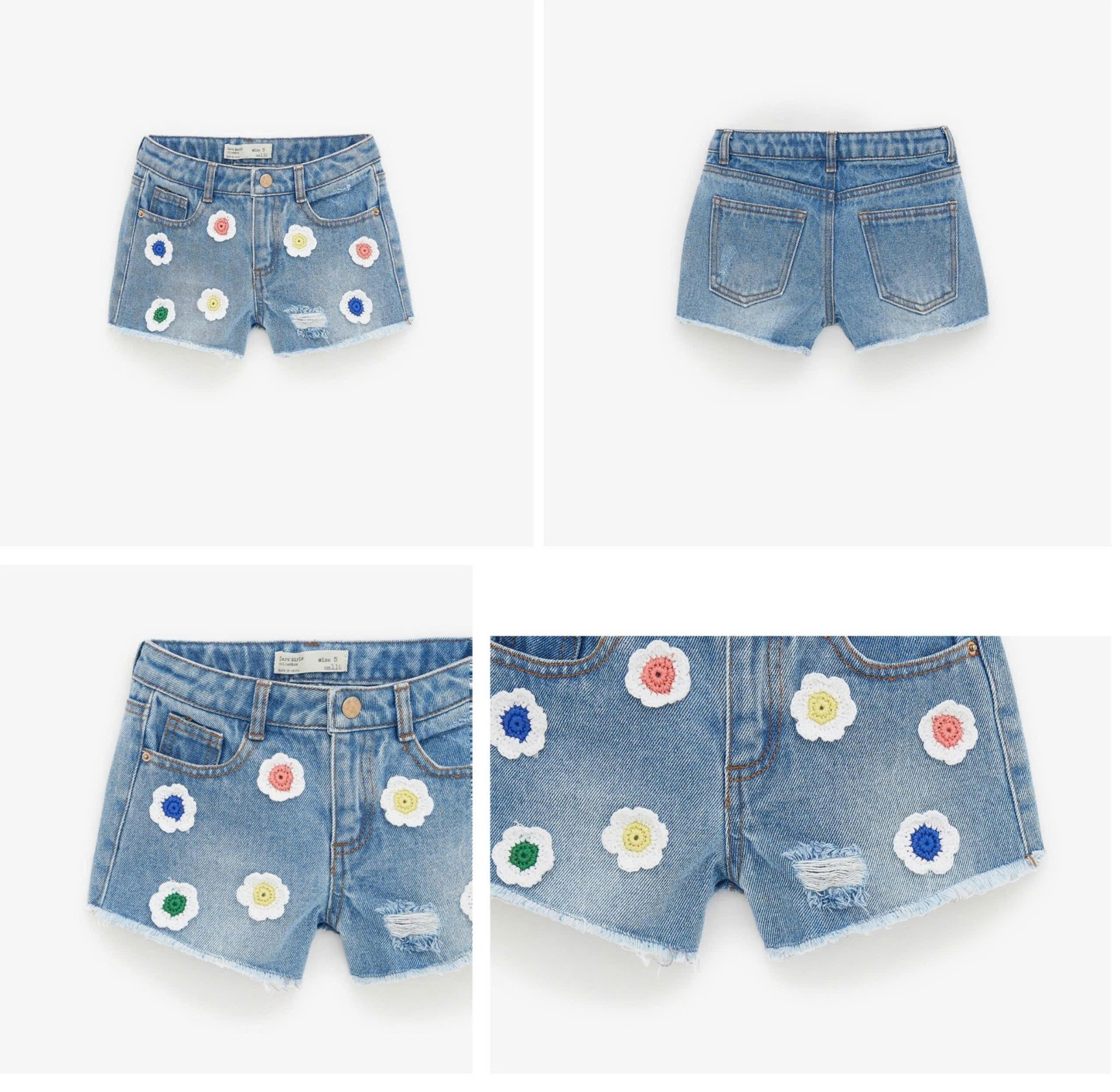 Quần short jean  bé gái Zara pha màu ombre + thêu đắp nổi, size 6T - 10T. Cambodia xuất xịn12