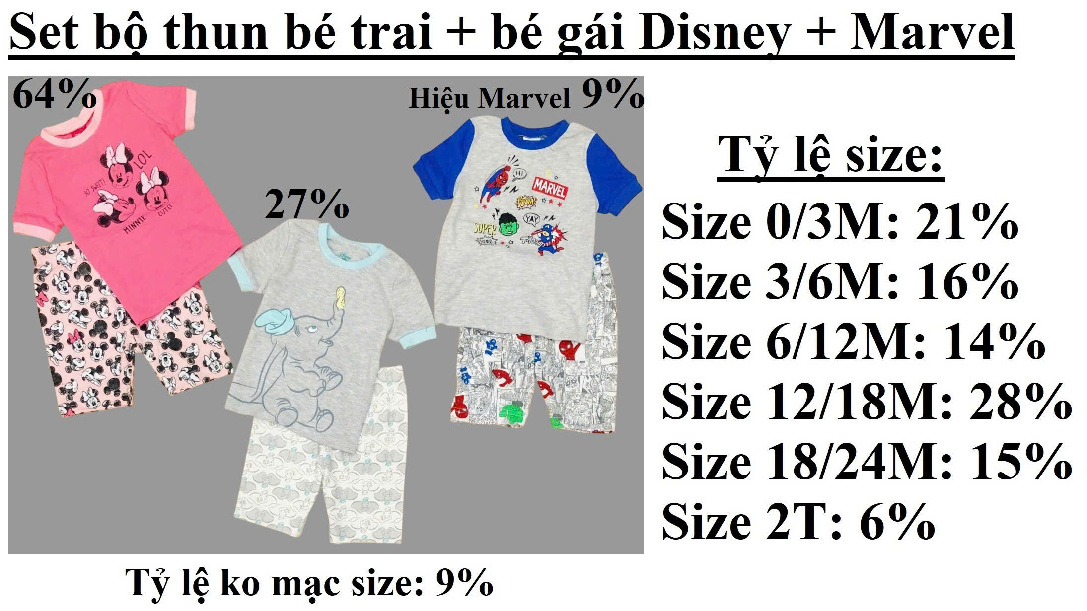 Set bộ thun bé trai + bé gái Disney + Marvel, size 0/3M - 2T (form to) . TQXK dư xịn2