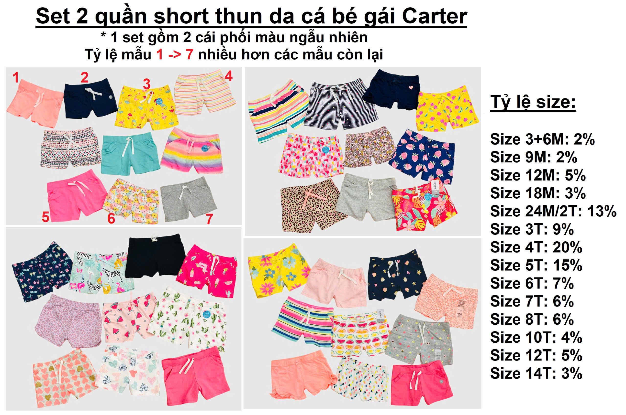 Set 2 Quần short thun da cá bé gái Carter , size 3M - 14T. Cambodia xuất xịn6