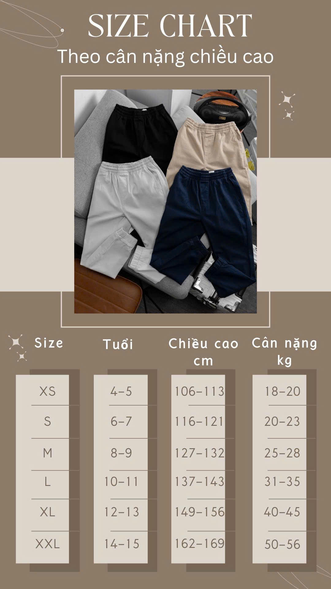 Quần jogger kaki bé trai size đại XS - XXL (18-56 kg). Chất vải kaki thun 95% cotton và 5% co giãn giúp bé thoải mái cả ngày.12