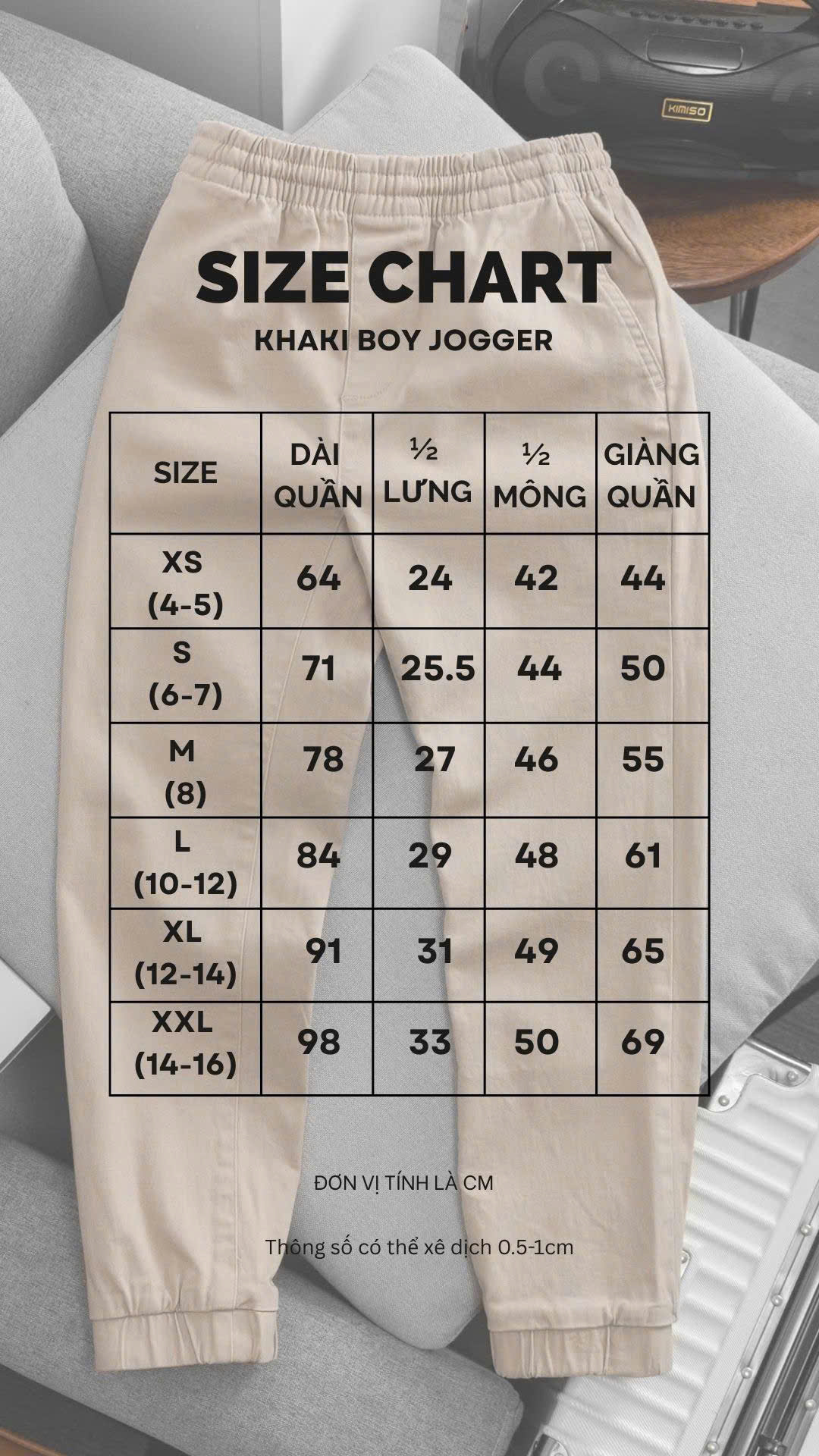 Quần jogger kaki bé trai size đại XS - XXL (18-56 kg). Chất vải kaki thun 95% cotton và 5% co giãn giúp bé thoải mái cả ngày.11