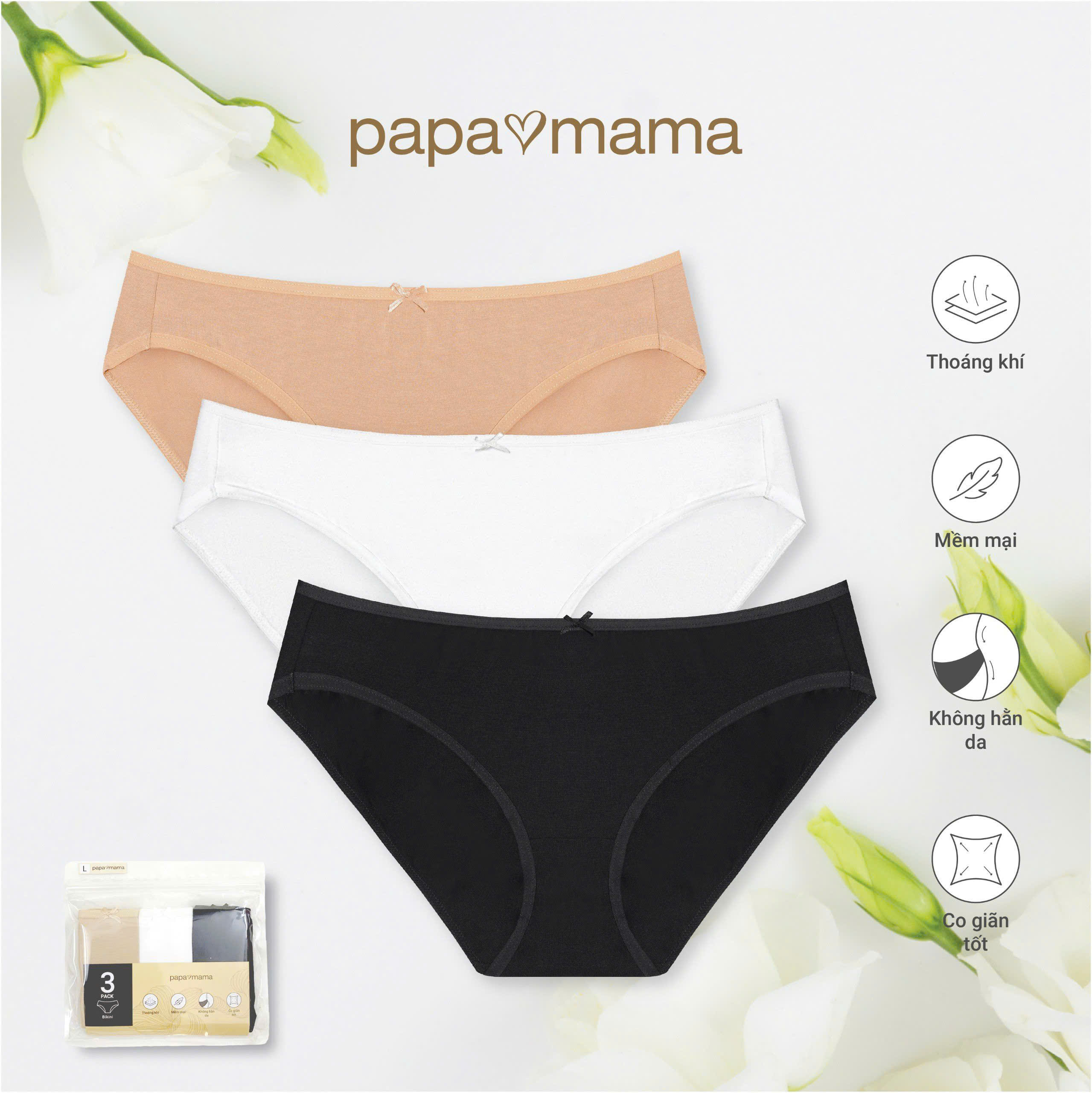 Set 3 quần lót cho nữ lưng vừa hiệu Papa Mama dòng size M-L-XL-XXL cho mẹ và các bé gái tuổi teen.11