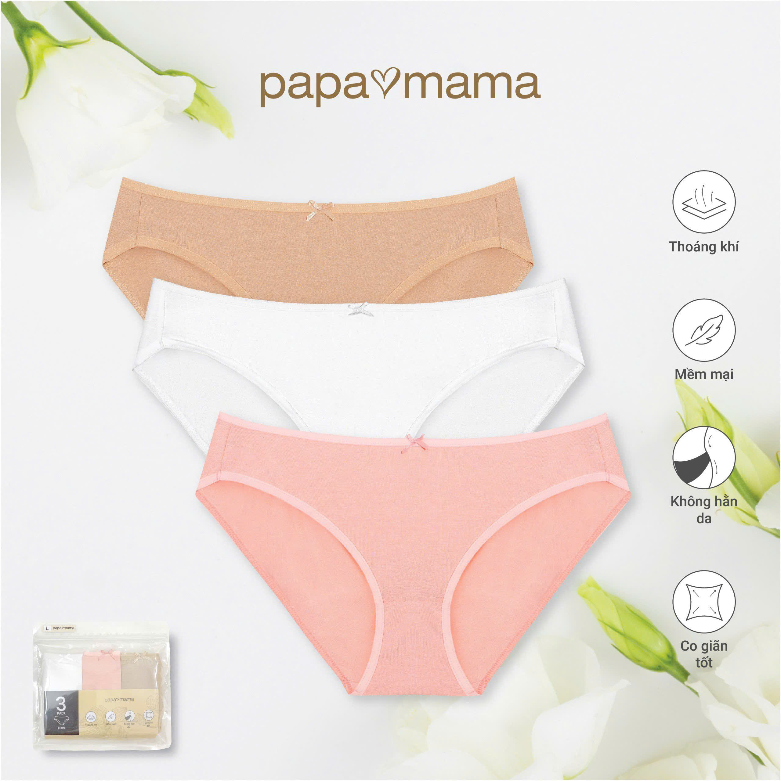 Set 3 quần lót cho nữ lưng vừa hiệu Papa Mama dòng size M-L-XL-XXL cho mẹ và các bé gái tuổi teen.8