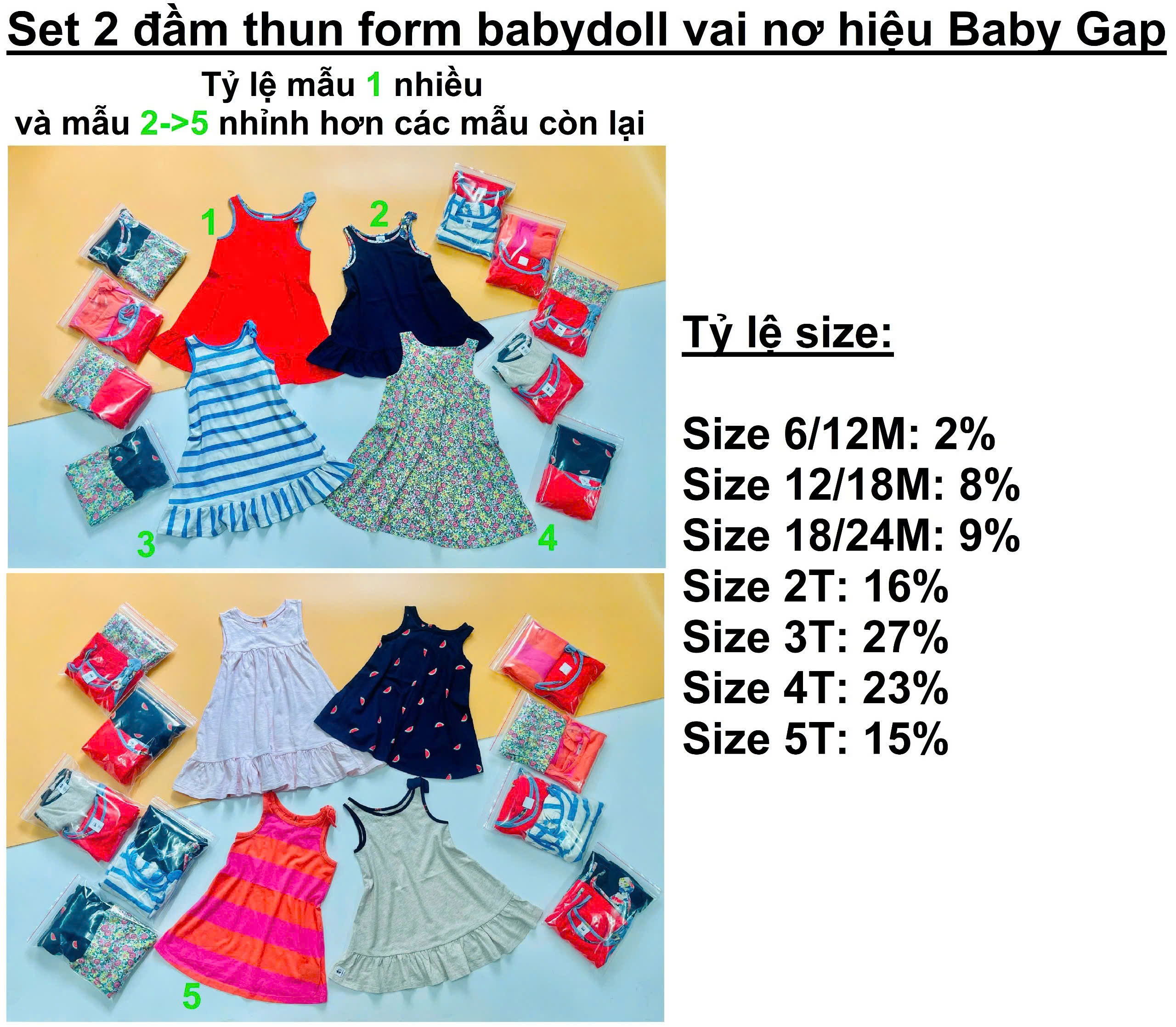 Set 2 đầm thun form babydoll vai nơ hiệu Baby Gap, size 6/12M - 5T. Cambodia xuất xịn2